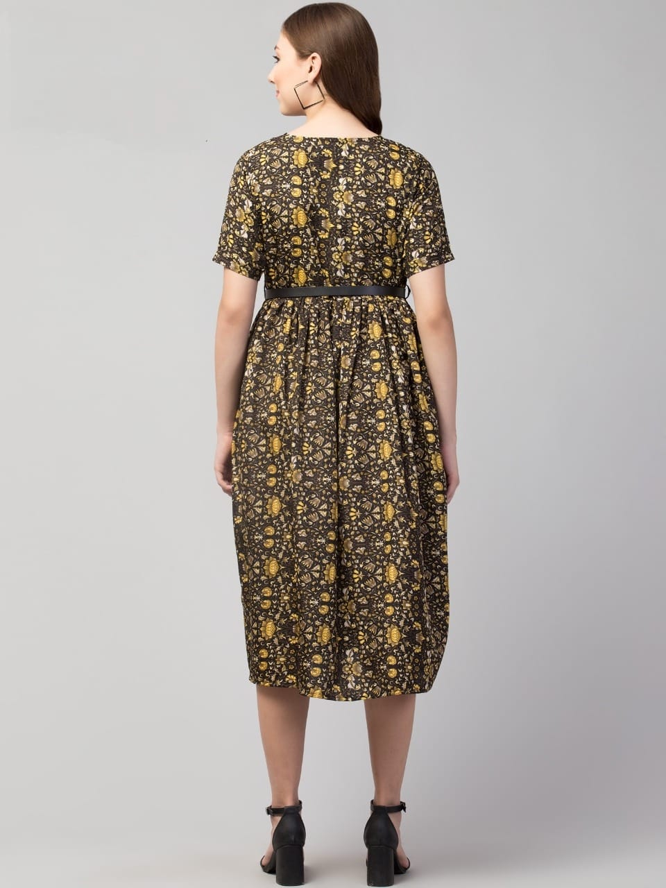 PAVONINE Yellow Color Jaipuri Print Belt Dress For Women | Grocsy