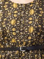 PAVONINE Yellow Color Jaipuri Print Belt Dress For Women | Grocsy