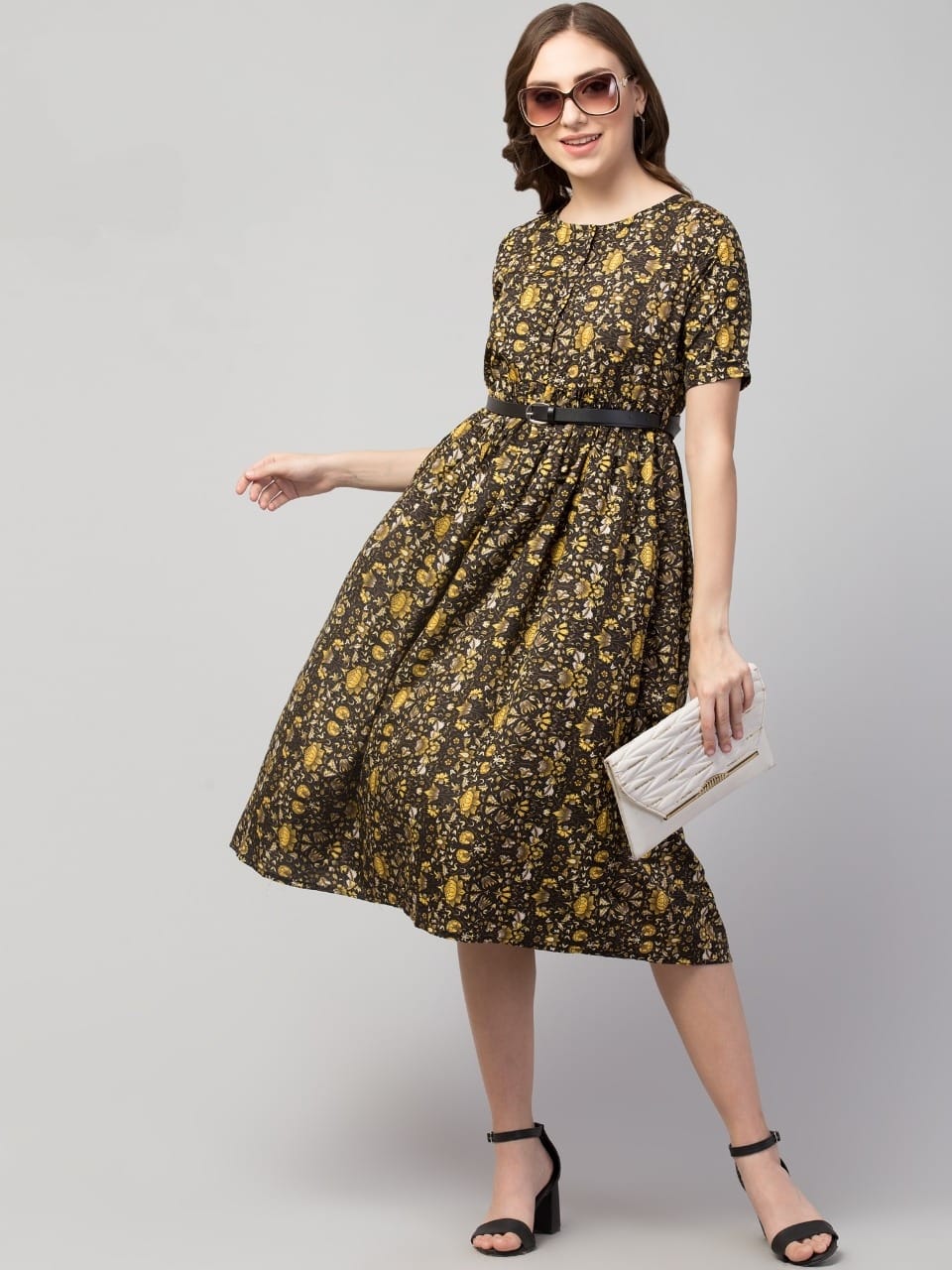 PAVONINE Yellow Color Jaipuri Print Belt Dress For Women | Grocsy