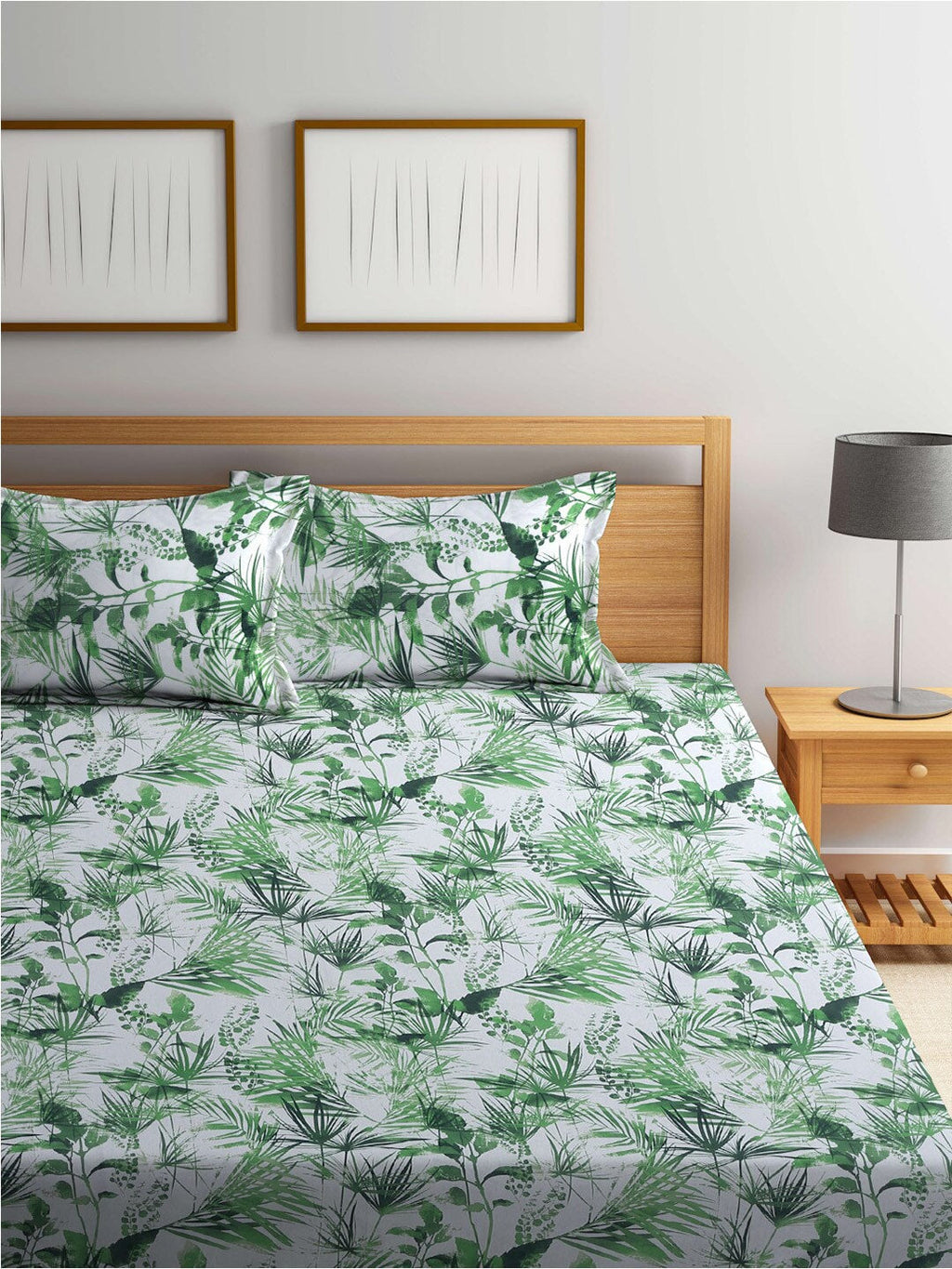 BOMBAY DYEING Serenita Green Printed Cotton 144 TC King Bedsheet with 2 Pillow Covers | Grocsy