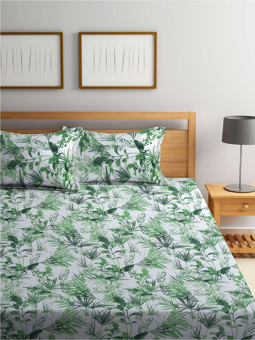 BOMBAY DYEING Serenita Green Printed Cotton 144 TC King Bedsheet with 2 Pillow Covers | Grocsy