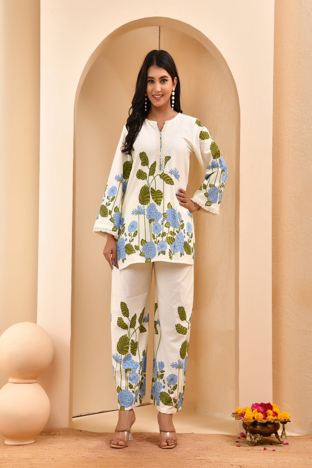 Vaasva Women White Placement Floral Printed Cord Set | Grocsy