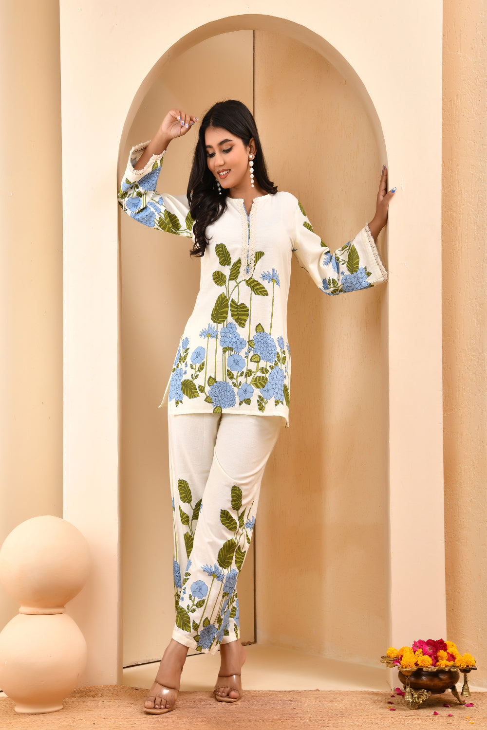 Vaasva Women White Placement Floral Printed Cord Set | Grocsy