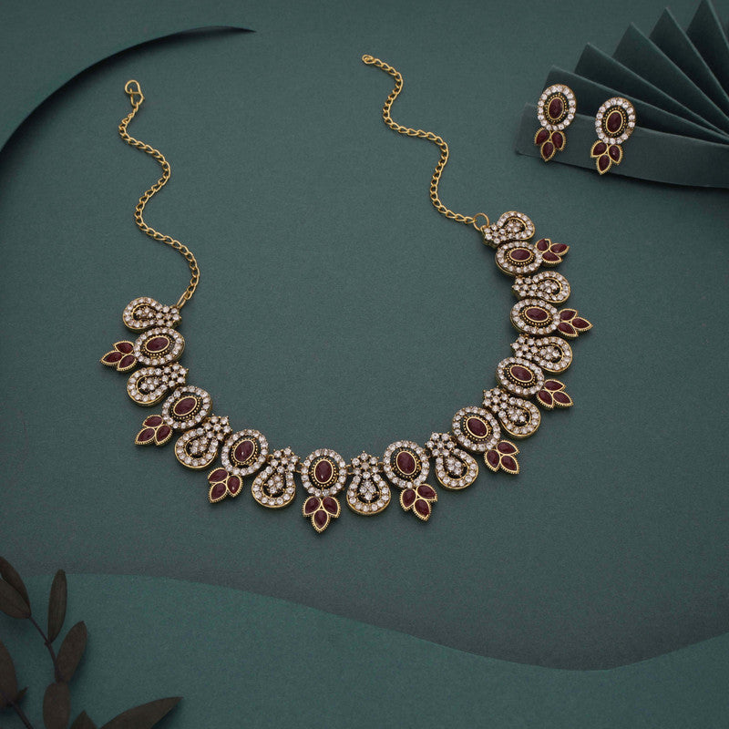 Tehzeeb Creations Gold-Polished Maroon Colour Choker With Dangle Earrings - Swadesiicart
