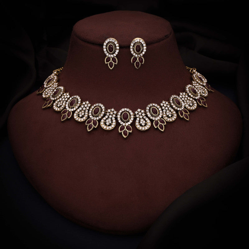 Tehzeeb Creations Gold-Polished Maroon Colour Choker With Dangle Earrings - Swadesiicart