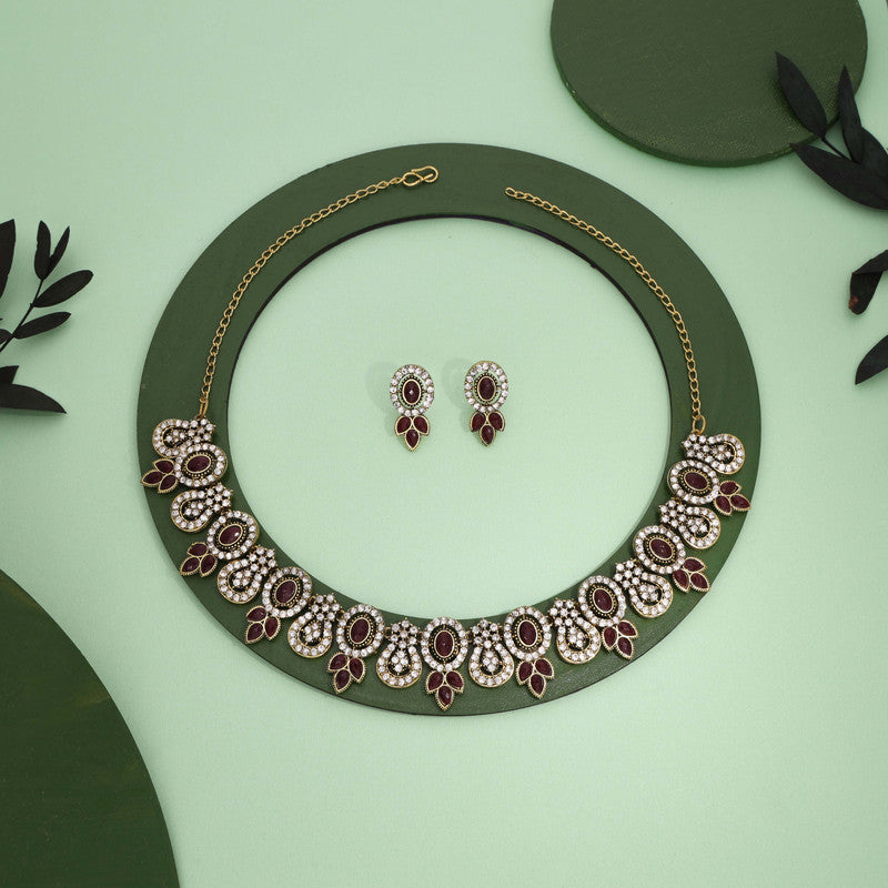 Tehzeeb Creations Gold-Polished Maroon Colour Choker With Dangle Earrings - Swadesiicart