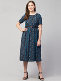 PAVONINE Navy Blue Color Jaipuri Print Belt Dress For Women | Grocsy