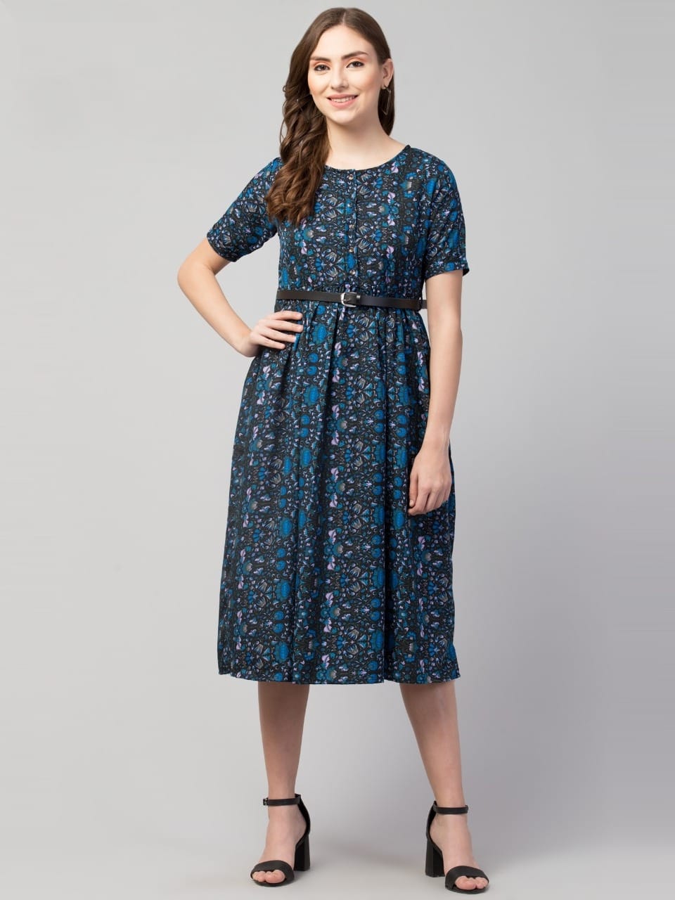 PAVONINE Navy Blue Color Jaipuri Print Belt Dress For Women | Grocsy