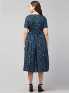 PAVONINE Navy Blue Color Jaipuri Print Belt Dress For Women | Grocsy