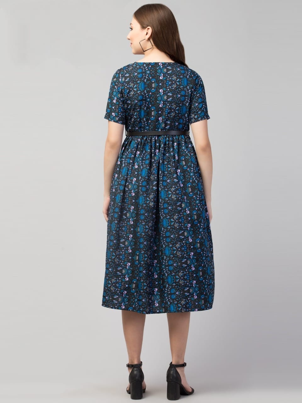 PAVONINE Navy Blue Color Jaipuri Print Belt Dress For Women | Grocsy