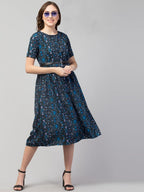 PAVONINE Navy Blue Color Jaipuri Print Belt Dress For Women | Grocsy