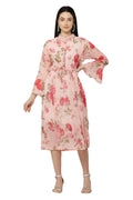 PAVONINE Peach Color Flower Printed Straight Dress For Women | Grocsy