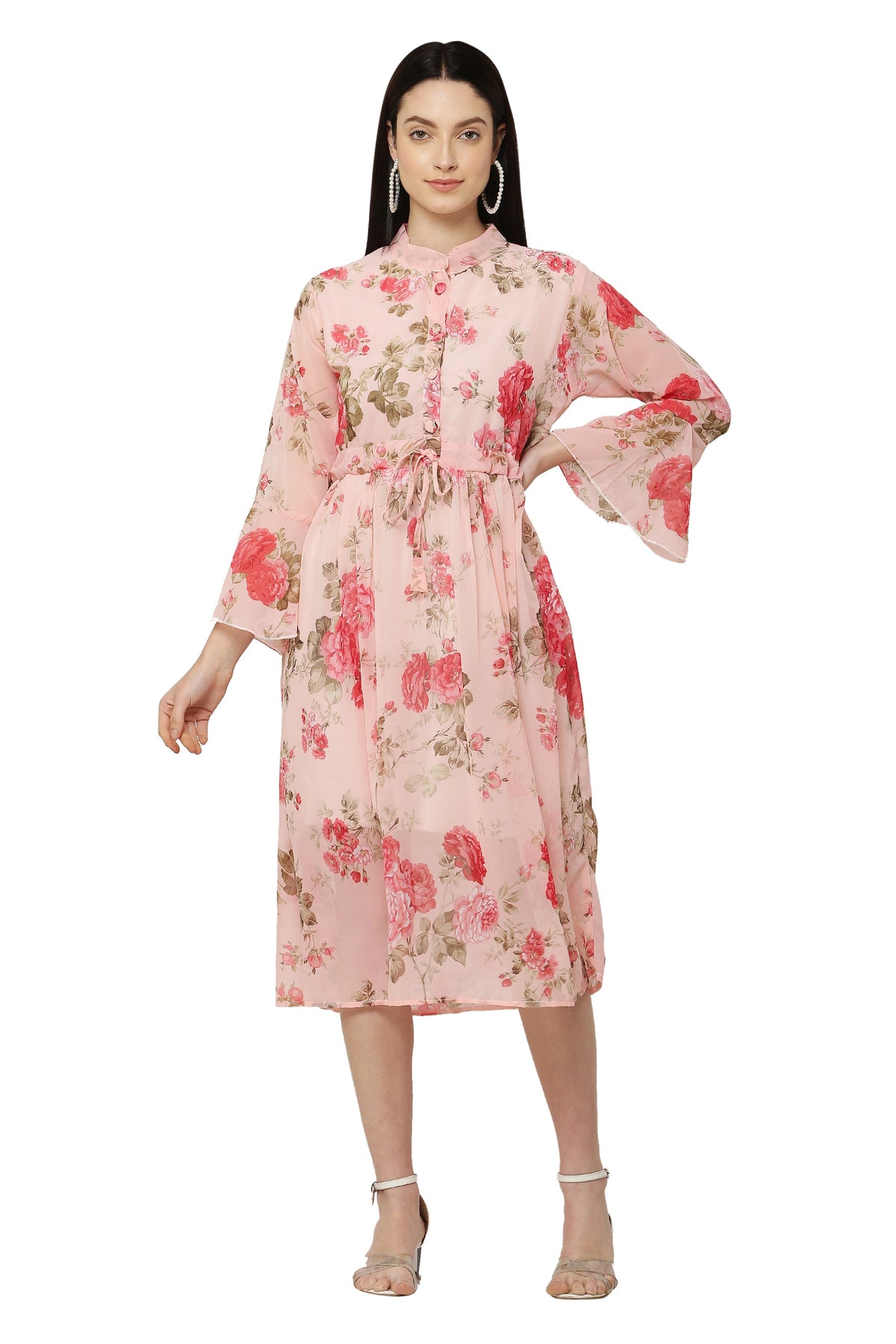 PAVONINE Peach Color Flower Printed Straight Dress For Women | Grocsy