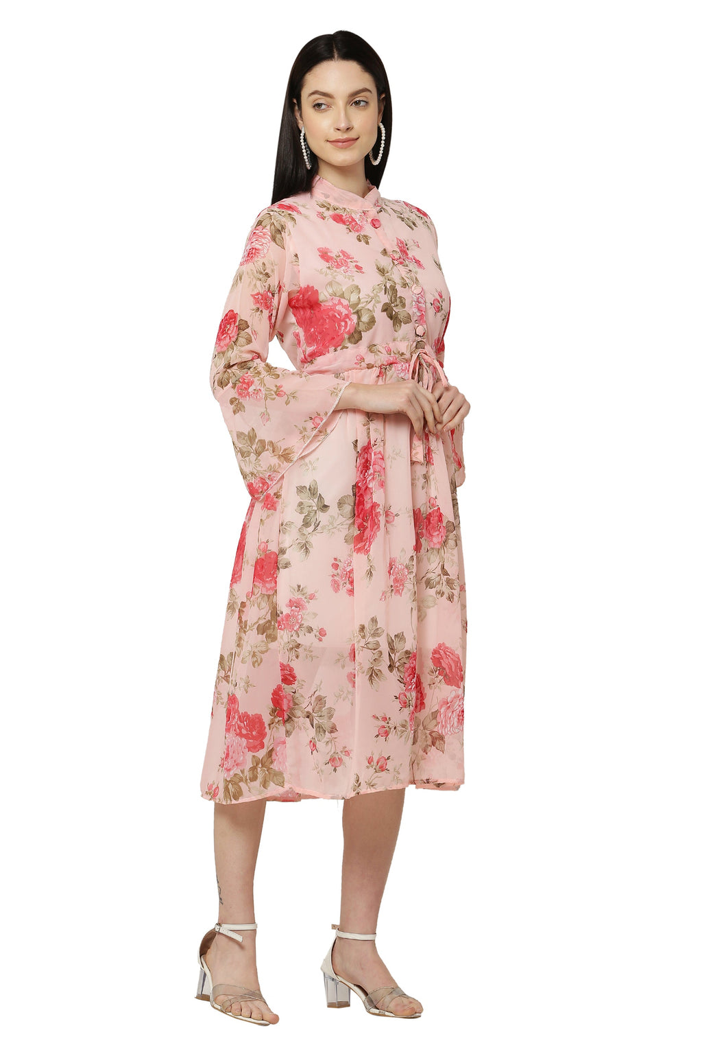 PAVONINE Peach Color Flower Printed Straight Dress For Women | Grocsy