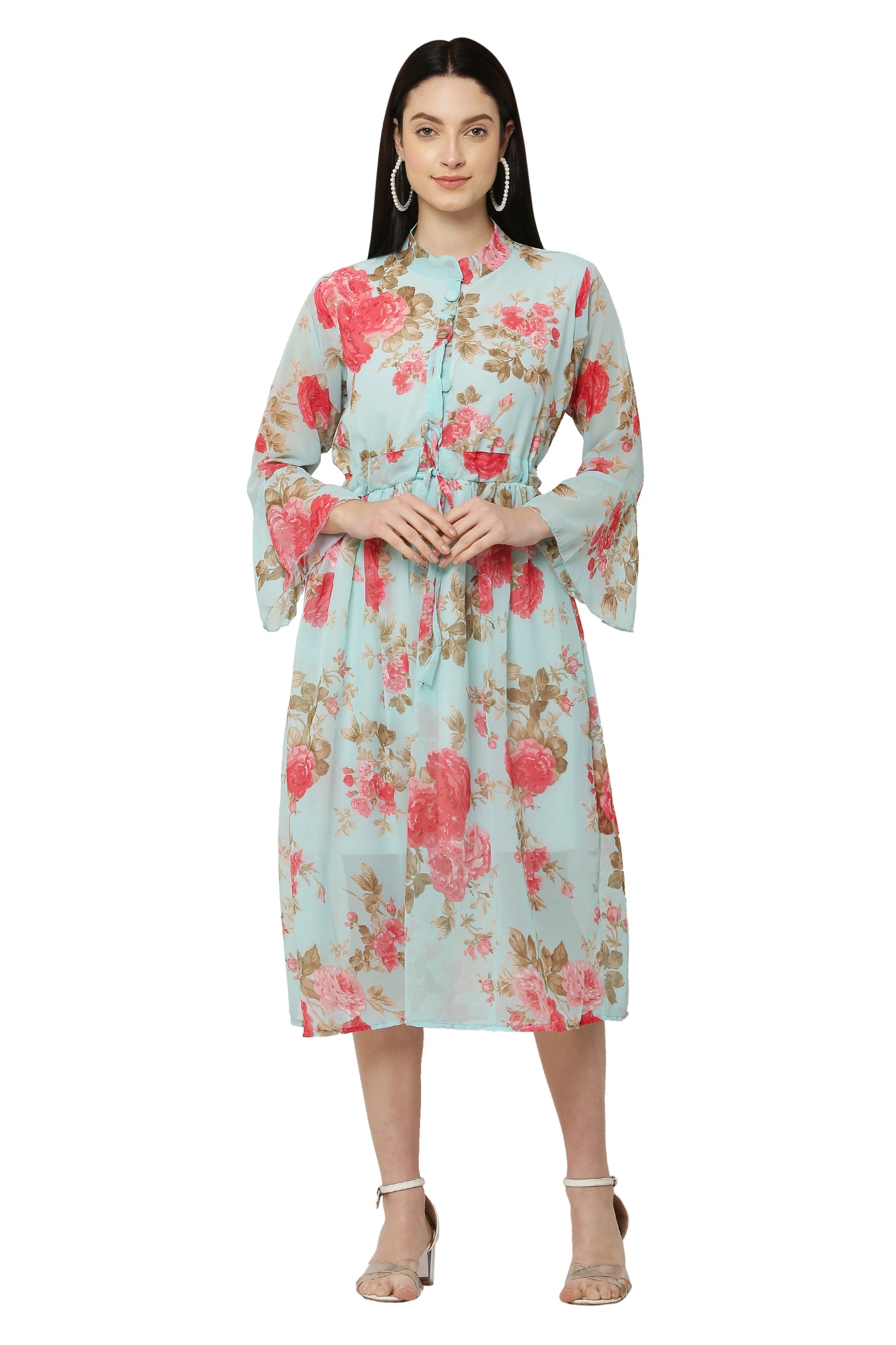 PAVONINE Rama Green Color Flower Printed Straight Dress For Women | Grocsy