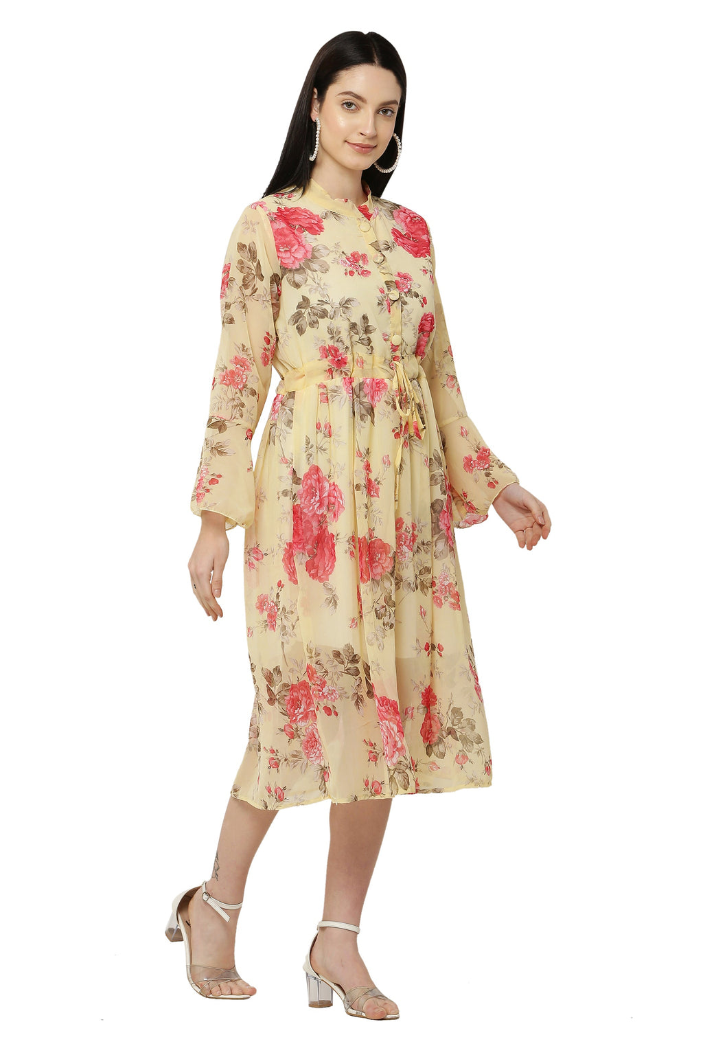 PAVONINE Yellow Color Flower Printed Straight Dress For Women | Grocsy