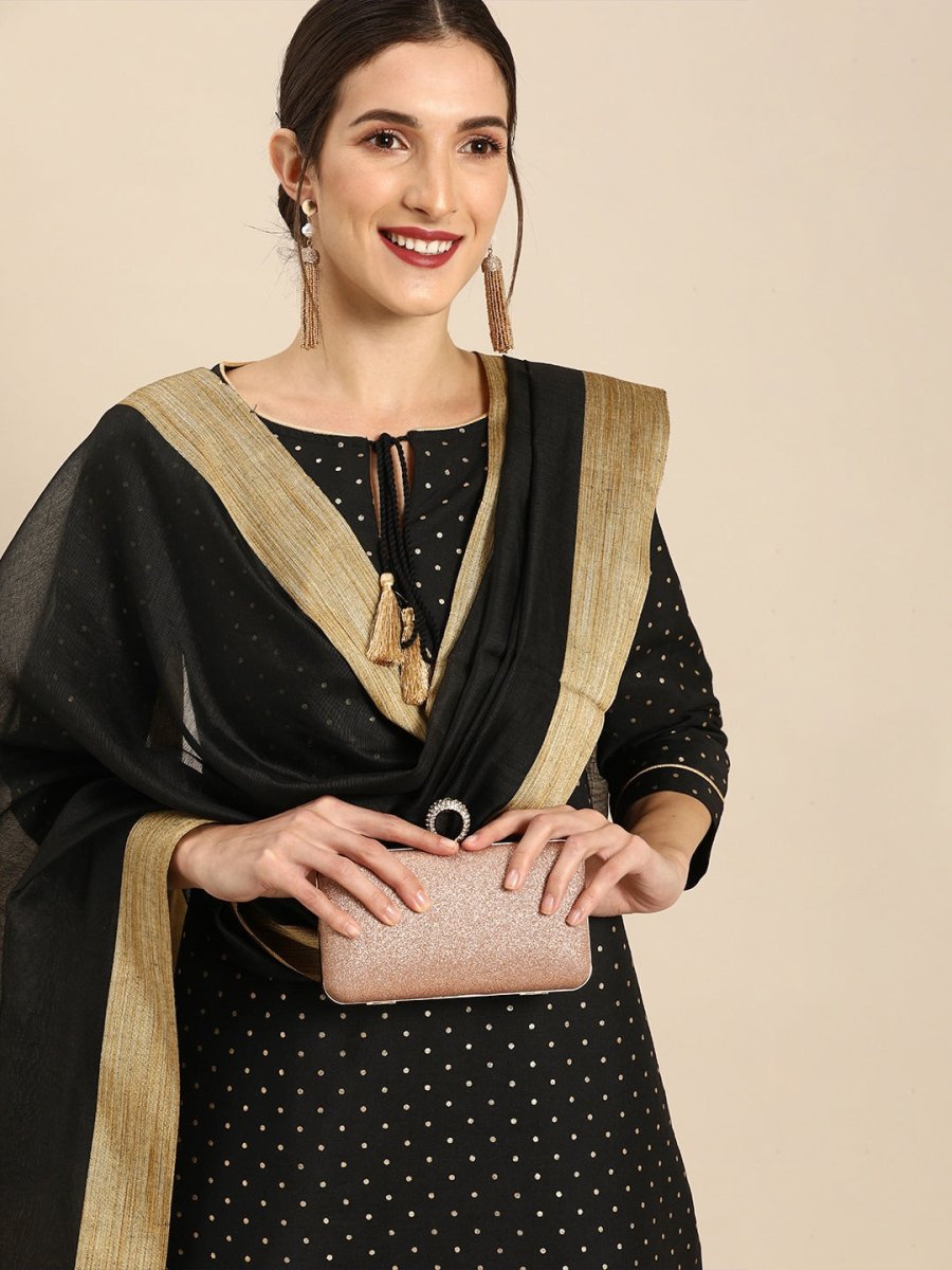 All About You Women Black & Gold Printed Regular Kurta with Trousers & Dupatta | Grocsy