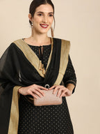 All About You Women Black & Gold Printed Regular Kurta with Trousers & Dupatta | Grocsy
