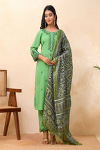 Vaasva Women Pista Embroidered Kurta Set With Solid Pants & Printed Dupatta | Grocsy