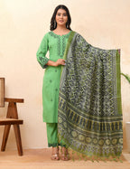 Vaasva Women Pista Embroidered Kurta Set With Solid Pants & Printed Dupatta | Grocsy