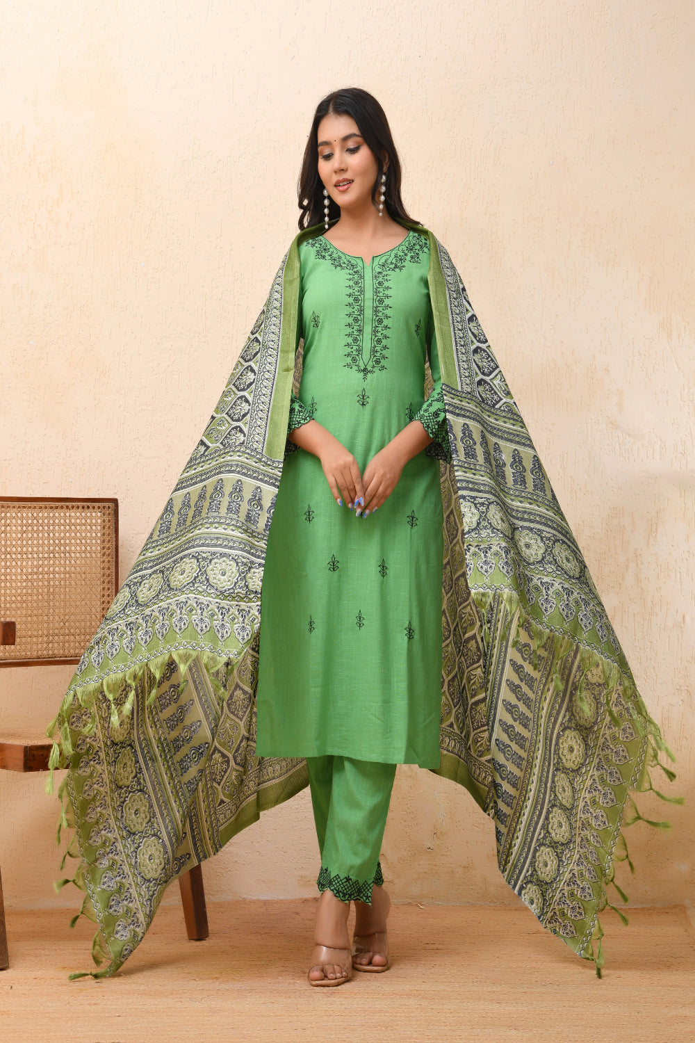 Vaasva Women Pista Embroidered Kurta Set With Solid Pants & Printed Dupatta | Grocsy