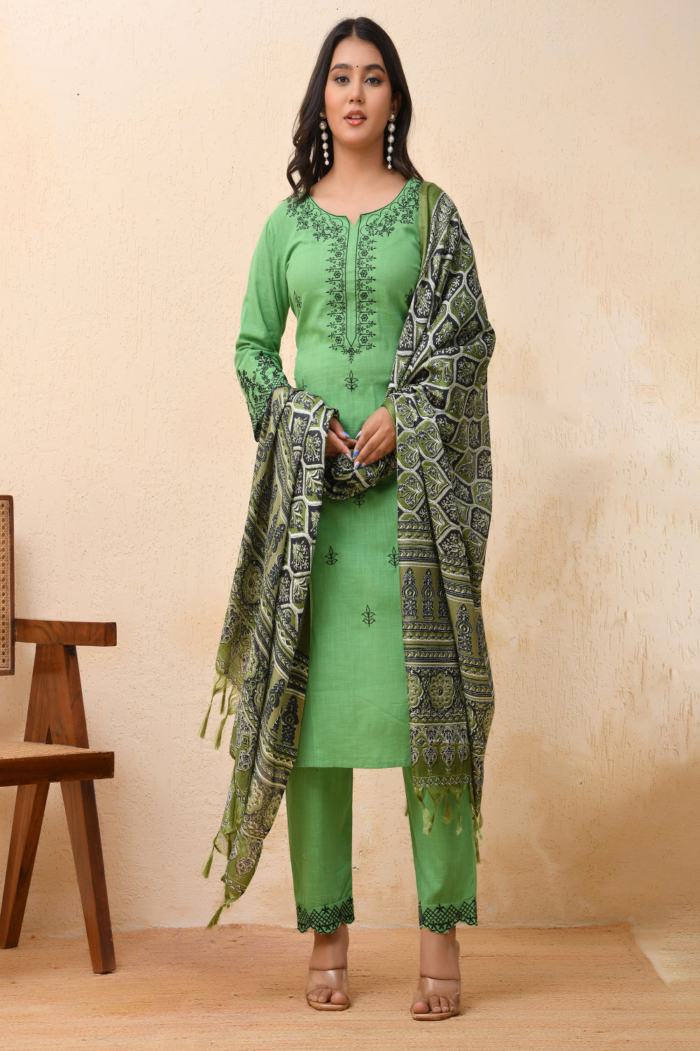 Vaasva Women Pista Embroidered Kurta Set With Solid Pants & Printed Dupatta | Grocsy