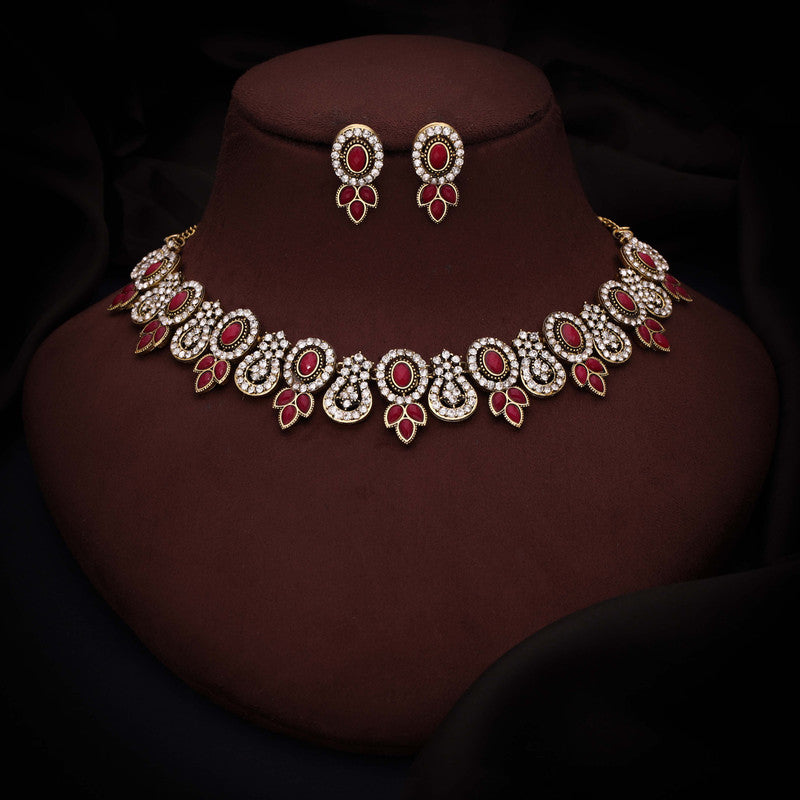 Tehzeeb Creations Gold-Polished Pink Colour Choker With Dangle Earrings | Grocsy