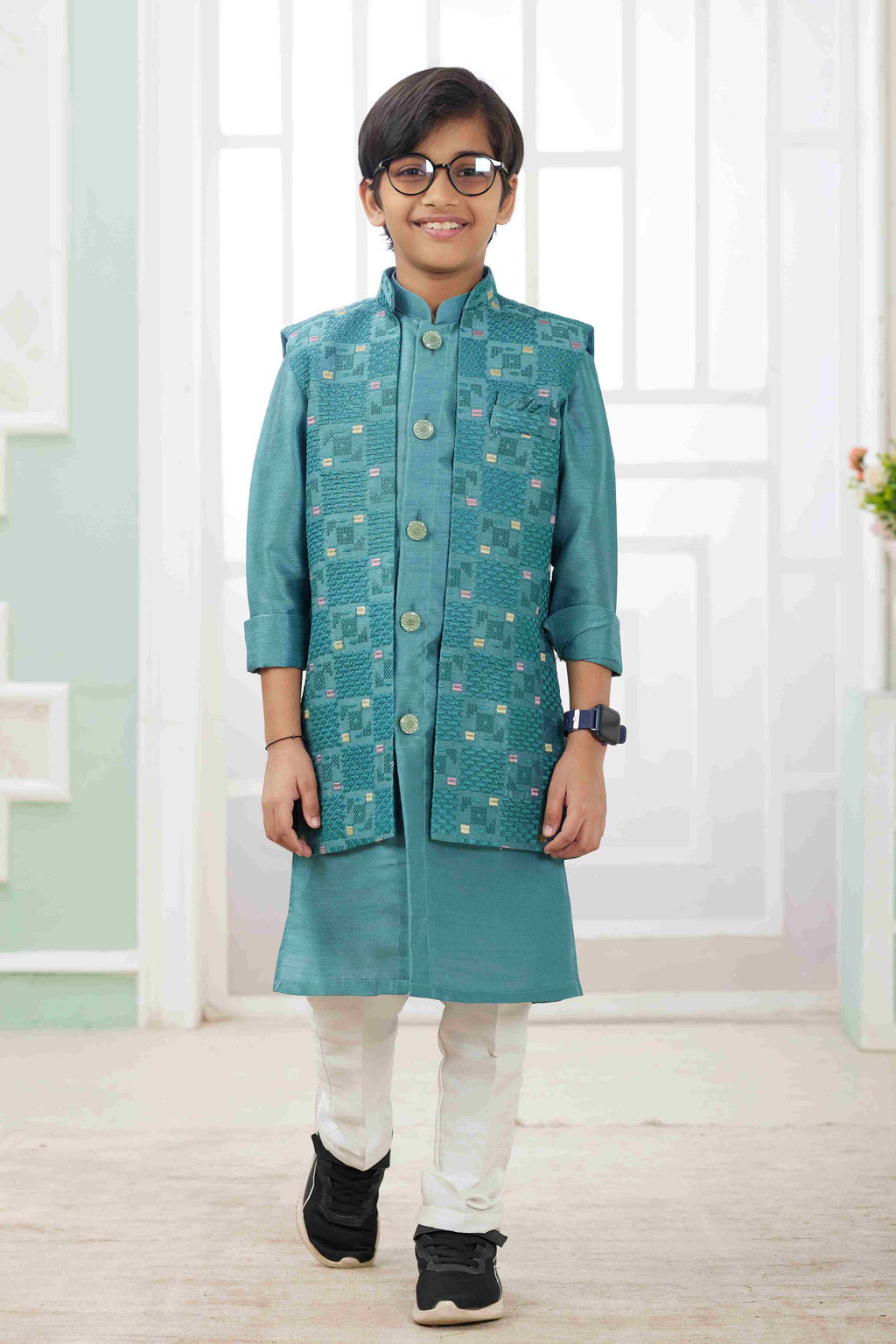Raivat Ethnic Art Silk Embroidery Work 3 Pics Jacket Set In Rama Green Colour | Grocsy