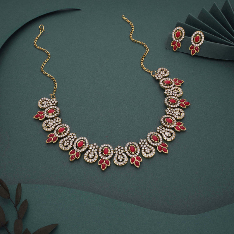 Tehzeeb Creations Gold-Polished Pink Colour Choker With Dangle Earrings | Grocsy