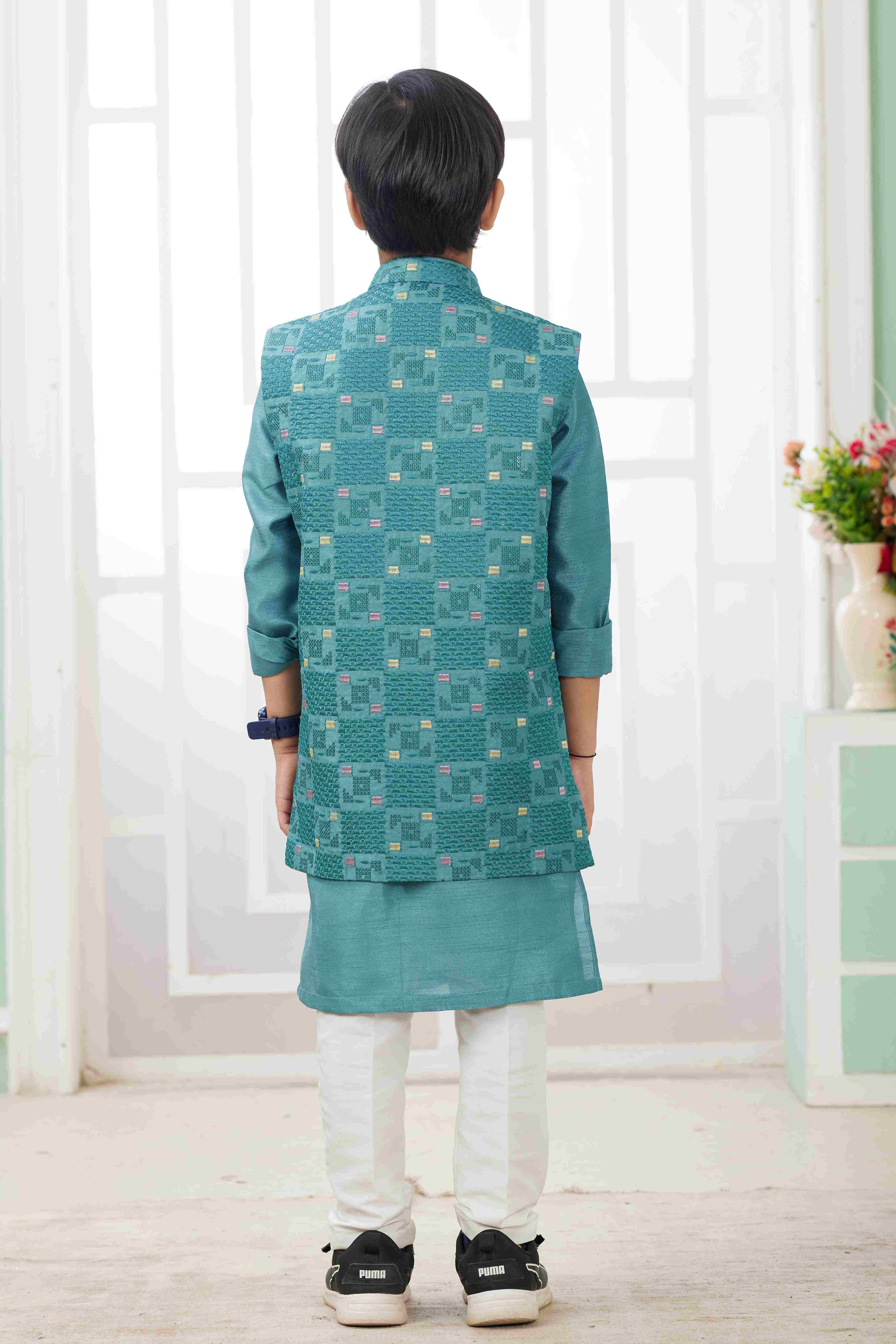 Raivat Ethnic Art Silk Embroidery Work 3 Pics Jacket Set In Rama Green Colour | Grocsy
