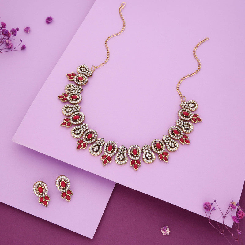 Tehzeeb Creations Gold-Polished Pink Colour Choker With Dangle Earrings | Grocsy
