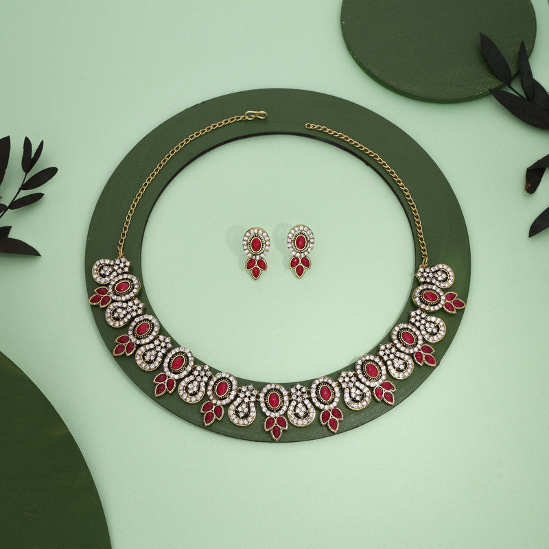 Tehzeeb Creations Gold-Polished Pink Colour Choker With Dangle Earrings | Grocsy