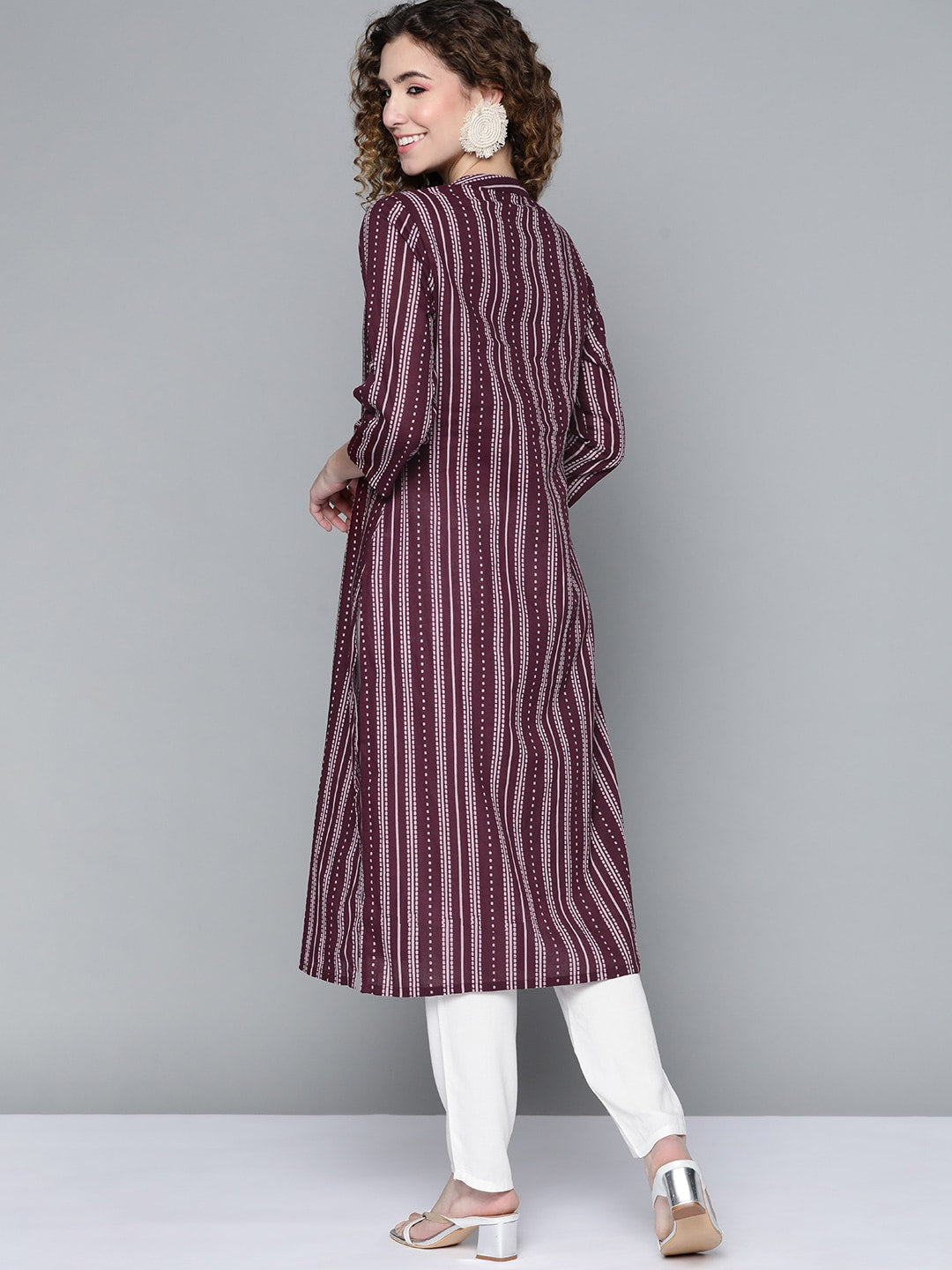 HERE&NOW Women Burgundy & White Printed Kurta | Grocsy