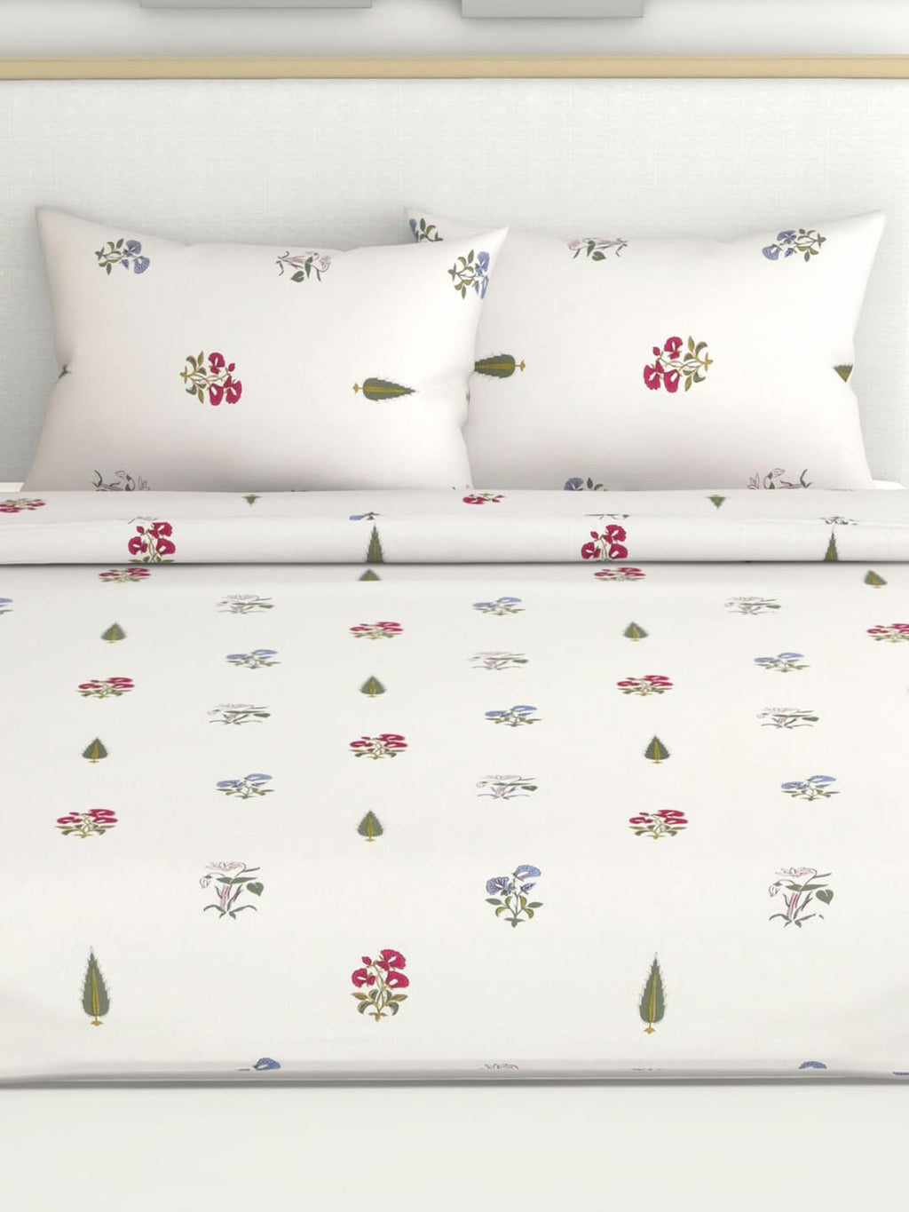 haus & kinder Floral Motifs White & Green 186 TC Cotton Queen Bedsheet & 2 Pillow Covers | Grocsy