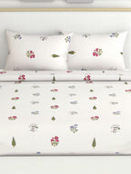 haus & kinder Floral Motifs White & Green 186 TC Cotton Queen Bedsheet & 2 Pillow Covers | Grocsy