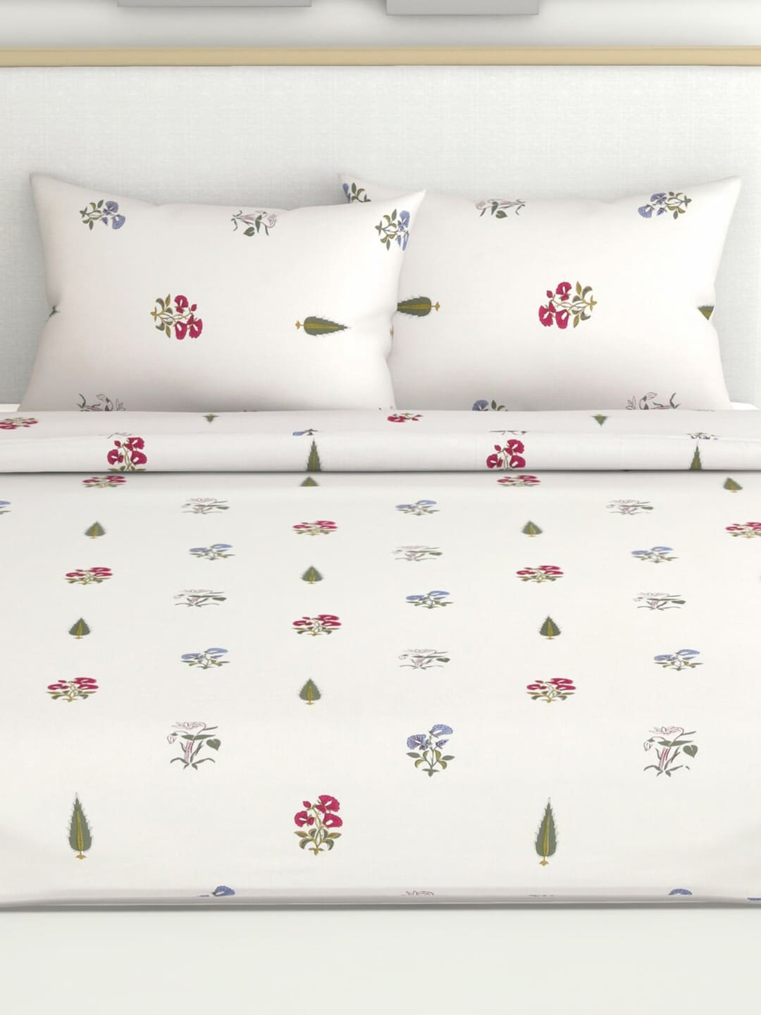 haus & kinder Floral Motifs White & Green 186 TC Cotton Queen Bedsheet & 2 Pillow Covers | Grocsy