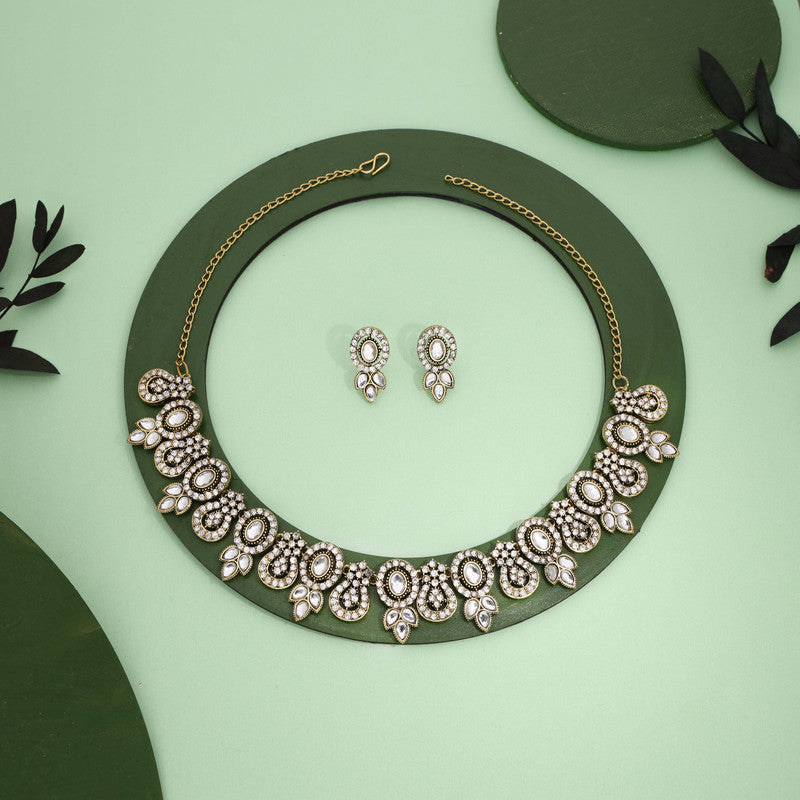 Tehzeeb Creations Gold-Polished White Colour Choker With Dangle Earrings | Grocsy