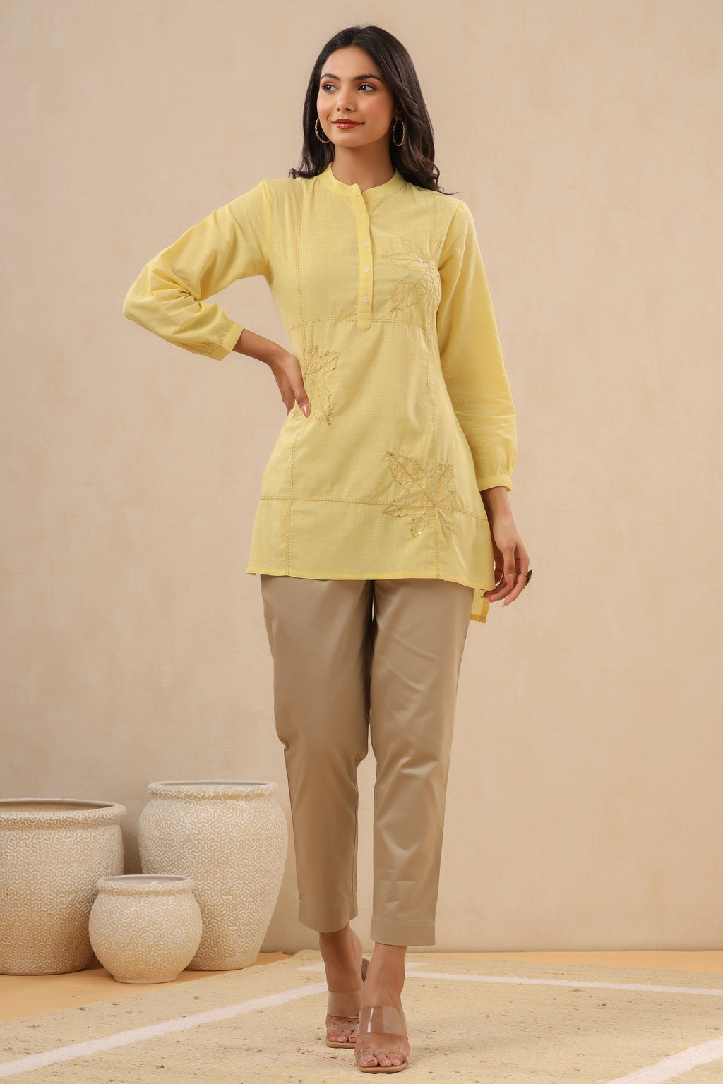 Juniper Womens Yellow Cotton Slub Embroidered High Low Tunic | Grocsy