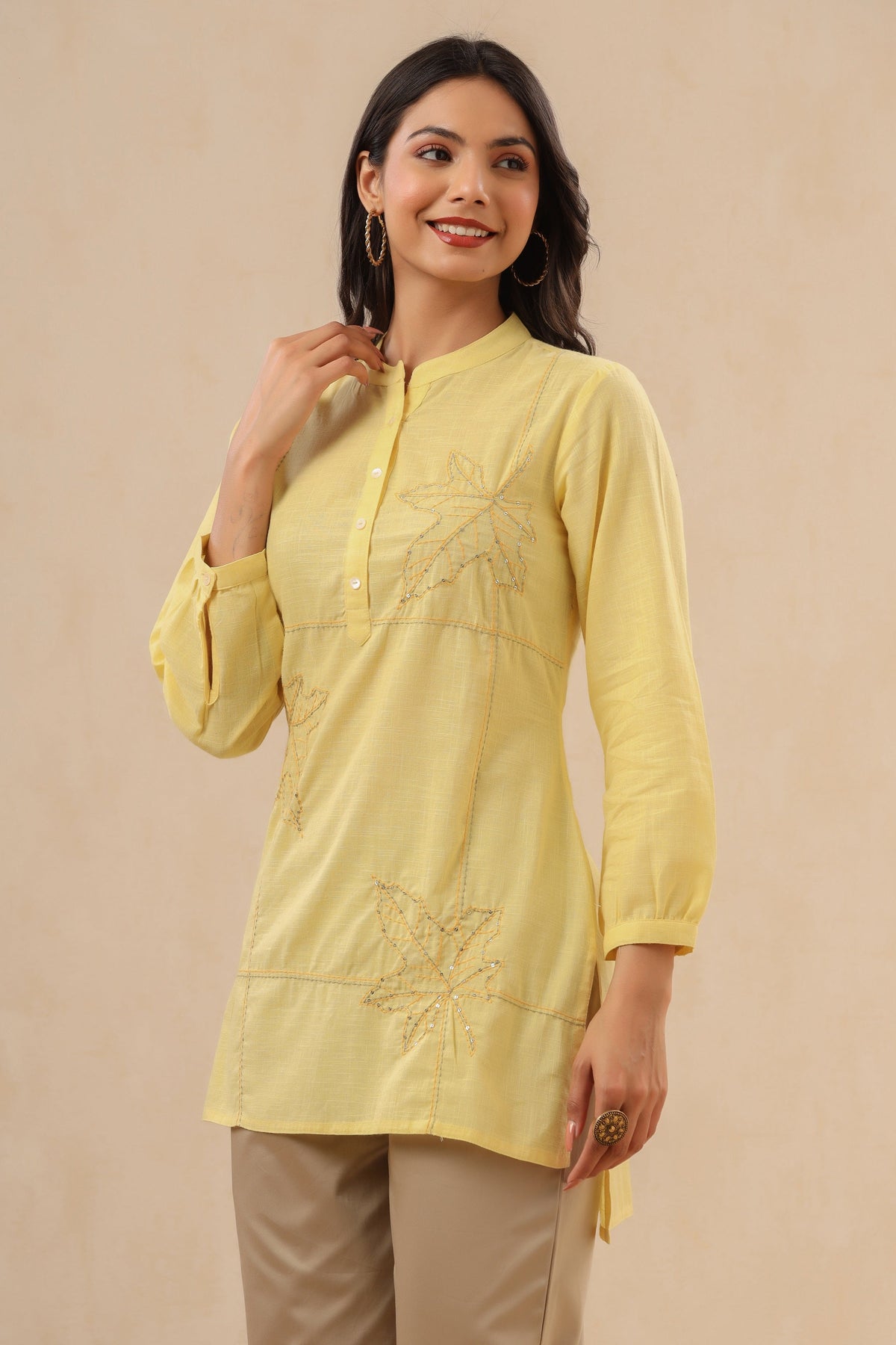 Juniper Womens Yellow Cotton Slub Embroidered High Low Tunic | Grocsy