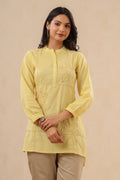 Juniper Womens Yellow Cotton Slub Embroidered High Low Tunic | Grocsy