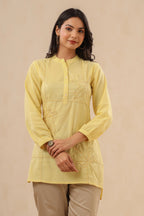 Juniper Womens Yellow Cotton Slub Embroidered High Low Tunic | Grocsy