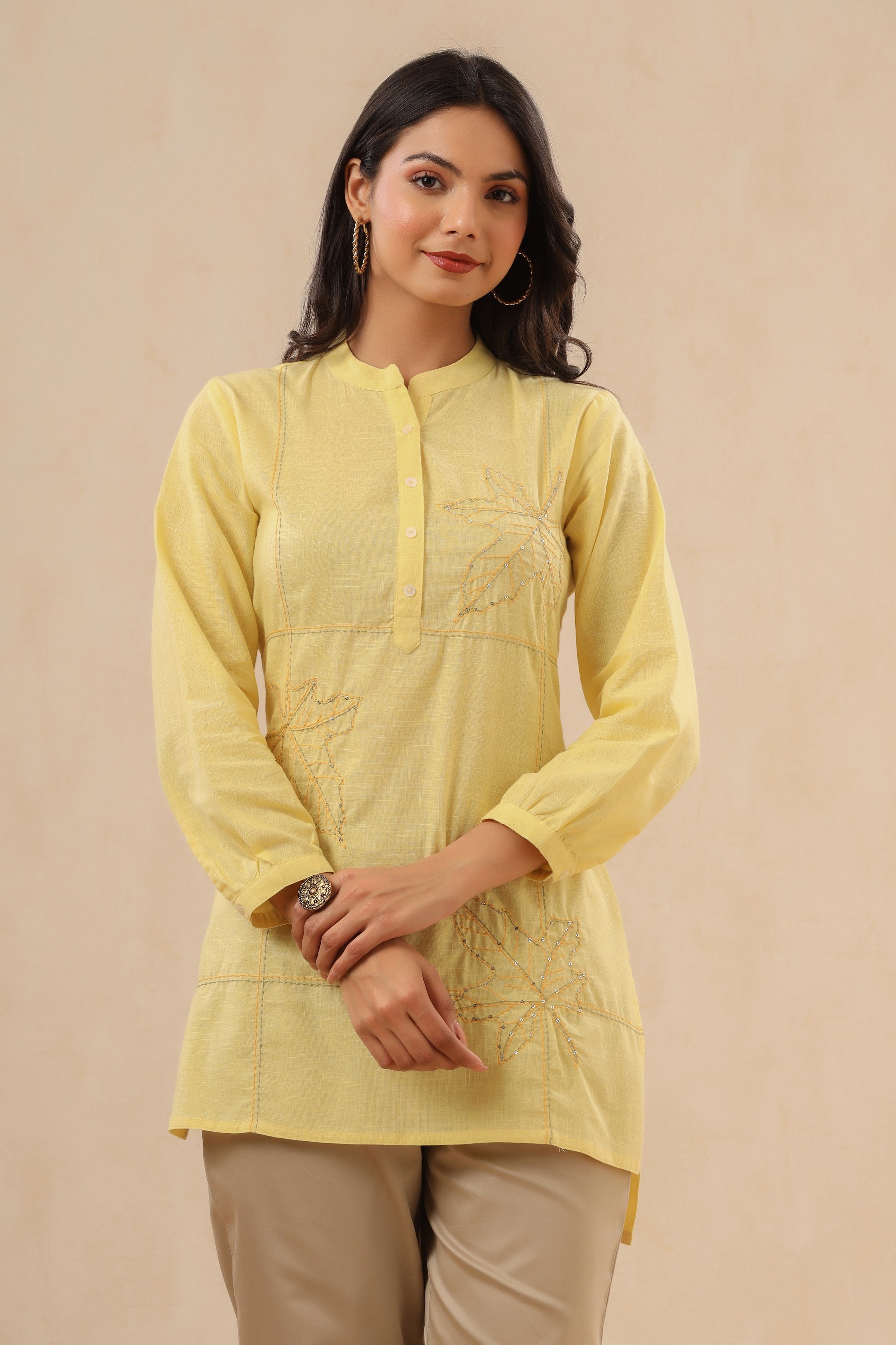 Juniper Womens Yellow Cotton Slub Embroidered High Low Tunic | Grocsy