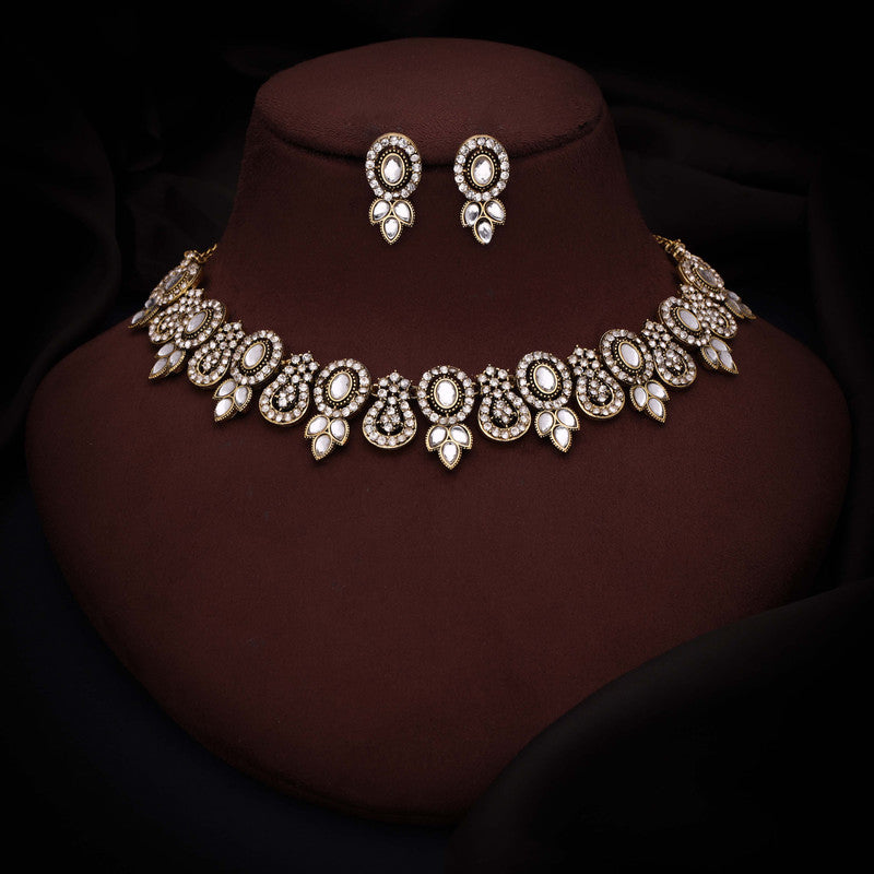 Tehzeeb Creations Gold-Polished White Colour Choker With Dangle Earrings | Grocsy