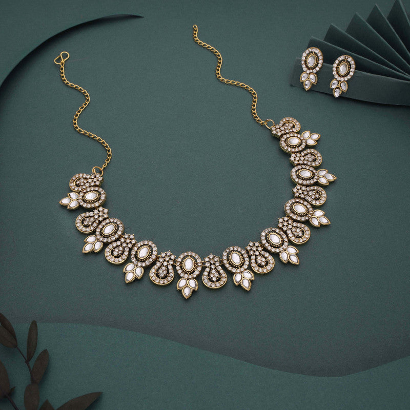 Tehzeeb Creations Gold-Polished White Colour Choker With Dangle Earrings | Grocsy