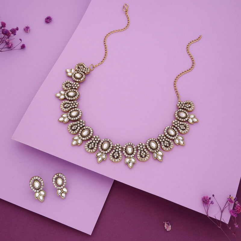 Tehzeeb Creations Gold-Polished White Colour Choker With Dangle Earrings | Grocsy