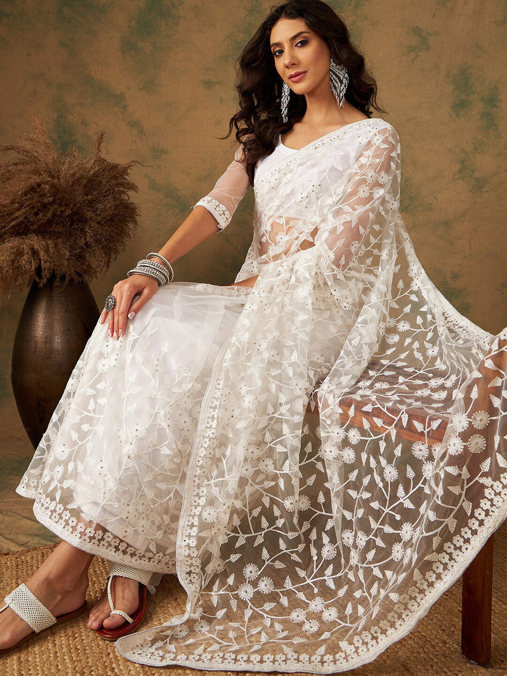Sangria Embroidered Net Sarees | Grocsy