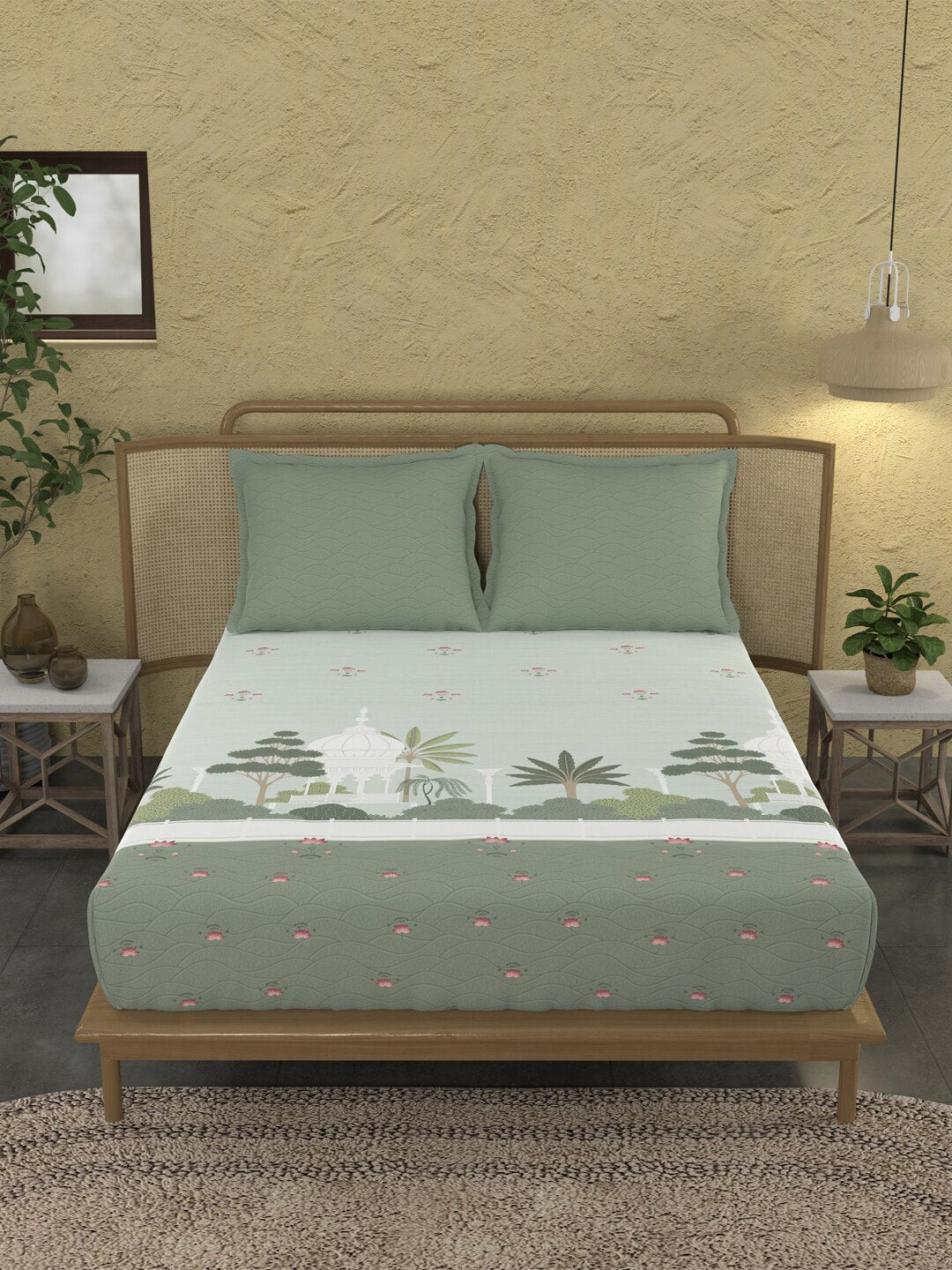 MYTRIDENT Green & White Ethnic Motifs Cotton 144 TC King Bedsheet With 2 Pillow Covers | Grocsy