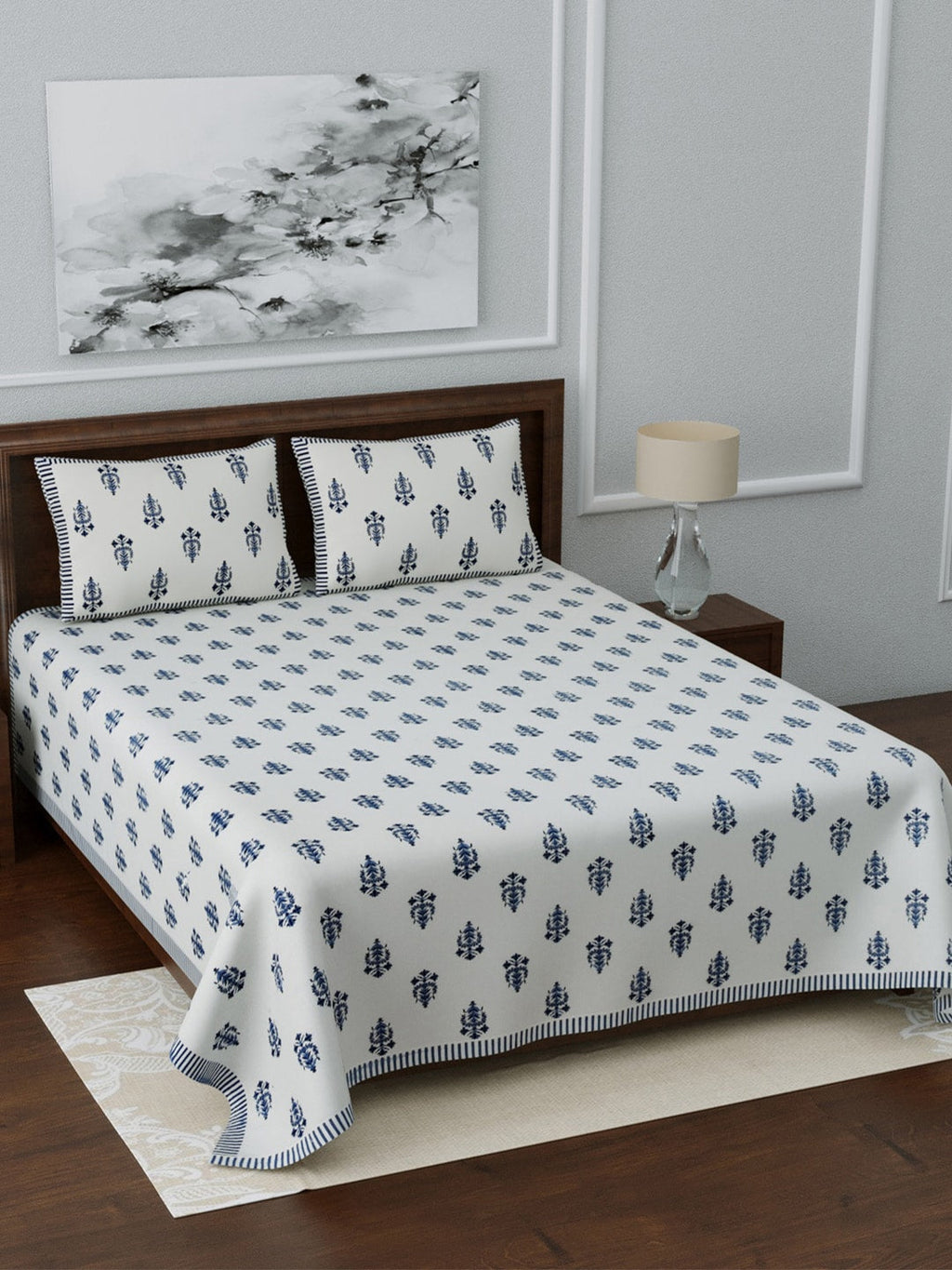 LIVING ROOTS White & Navy Blue Printed 210 TC Cotton 1 Extra Large Bedsheet with 2 Pillow Covers | Grocsy