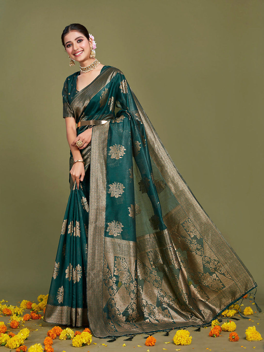 Sangria Ethnic Motifs Woven Design Linen Blend Saree | Grocsy