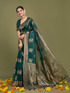 Sangria Ethnic Motifs Woven Design Linen Blend Saree | Grocsy